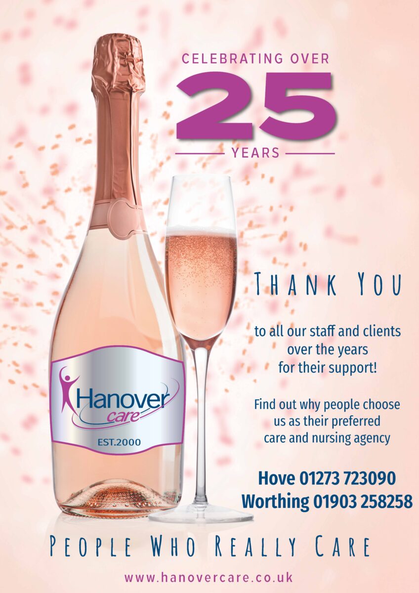 Champagne bottle and glass celebrating 25 years, and thanking all our clients and staff. Colours are purple and navy as per our logo colours. 